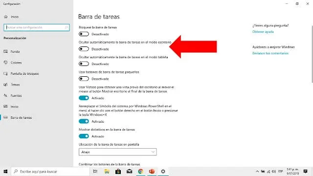 cómo ocultar la barra de tareas automáticamente en Windows 10