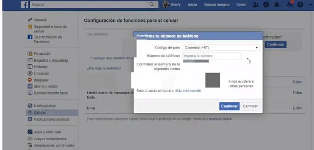 confirmar el nuevo número en Facebook confirmar el nuevo número en Facebook