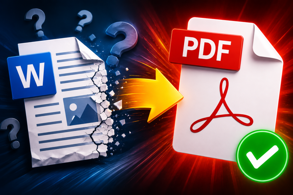 Documento de Word convirtiéndose en un archivo PDF mediante una conversión sencilla.