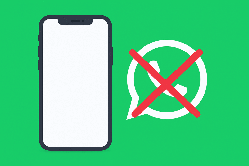 📱 Teléfono móvil con el logo de WhatsApp tachado, representando cómo eliminar WhatsApp de un número de celular.