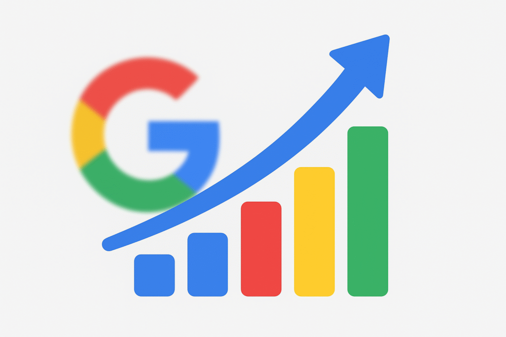 Ilustración de un gráfico en crecimiento con los colores de Google que simboliza el éxito de pagar para salir en Google y aparecer en los primeros resultados de búsqueda.