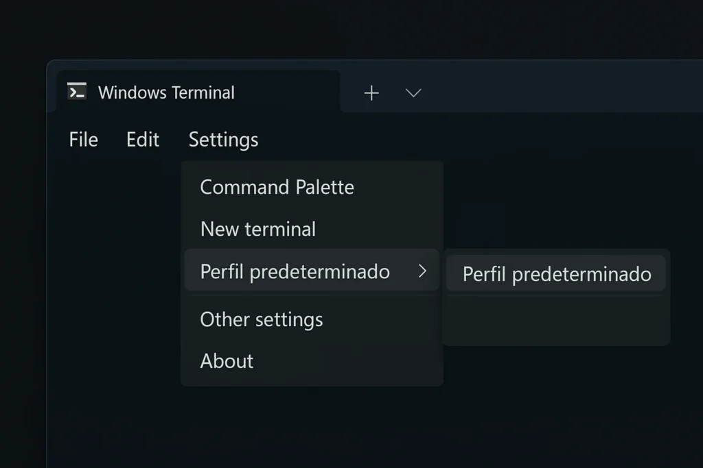 Configuración de Windows Terminal mostrando la opción de seleccionar el perfil predeterminado para abrir la última versión de PowerShell.