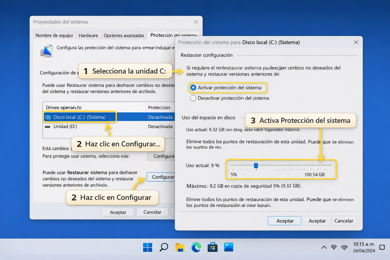 Configurar protección del sistema Windows