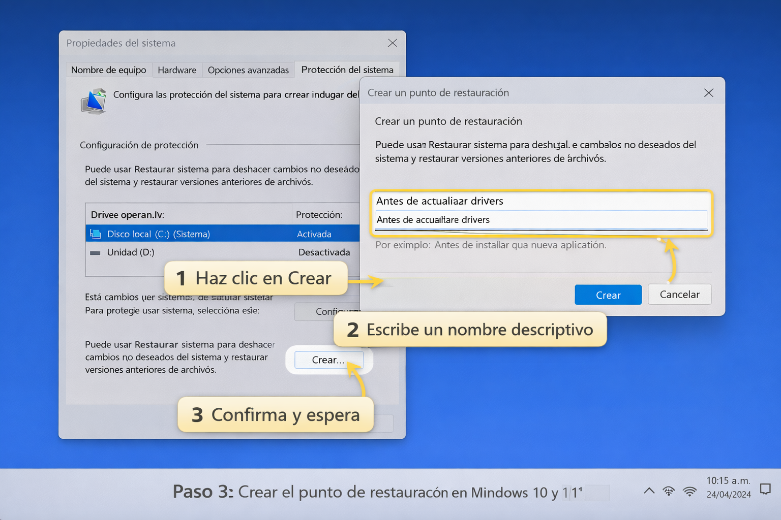 Crear punto de restauración en Windows