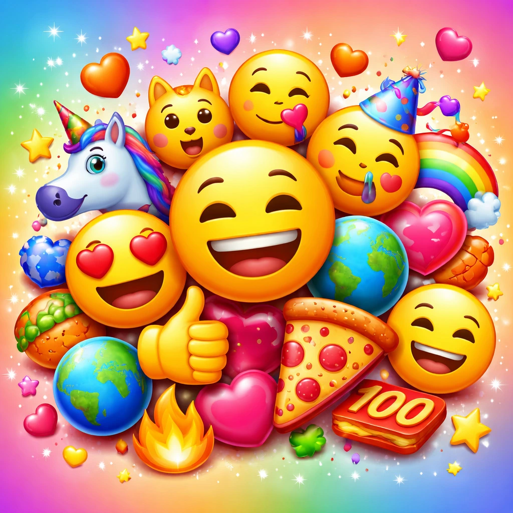 Imagen cuadrada con emojis variados para copiar y pegar 😄: caras sonrientes, corazones, símbolos, comida, animales, arcoíris y más, colorida y llamativa.