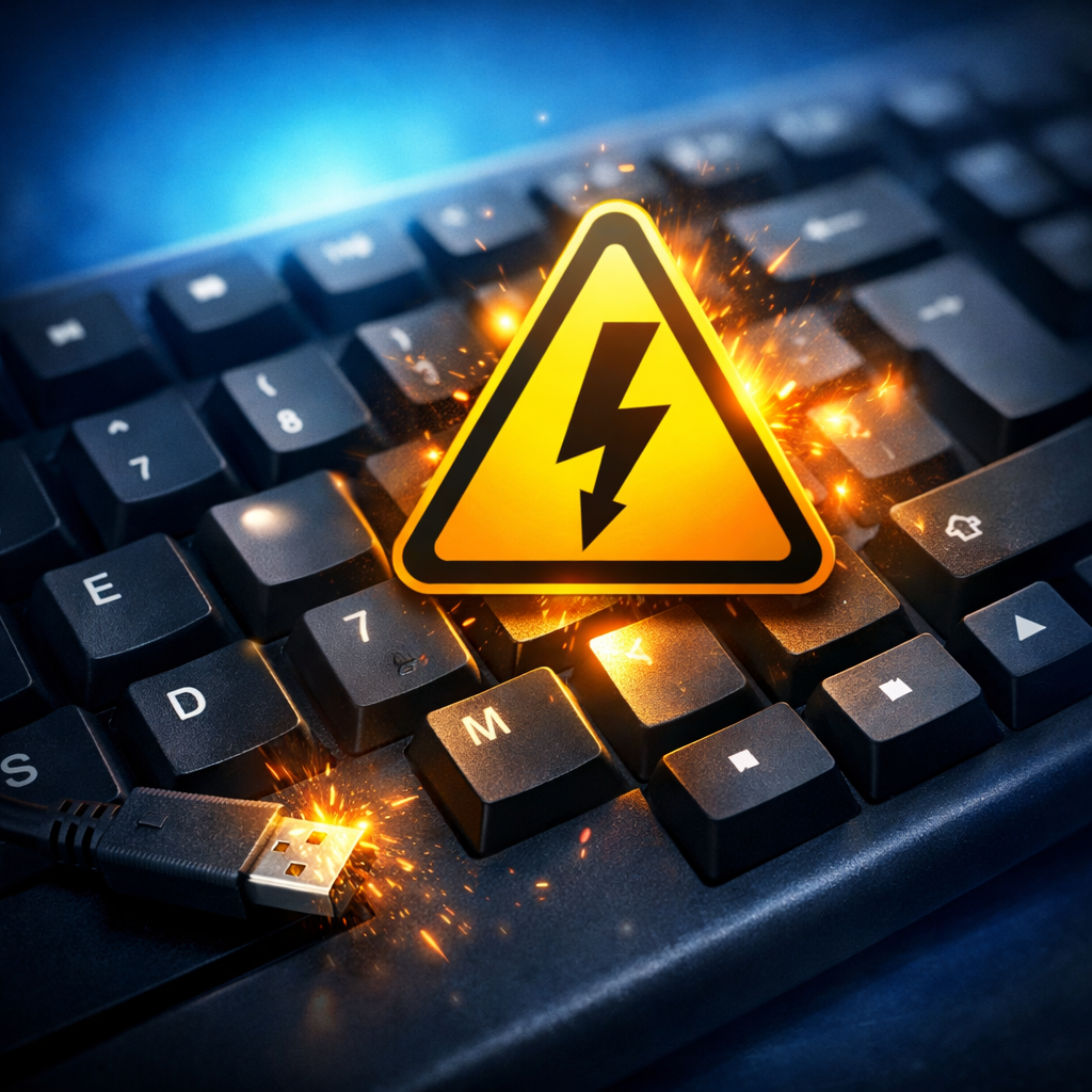 Imagen de un teclado de computadora con un símbolo de alerta sobre algunas teclas, ilustrando por qué no funciona mi teclado en Windows.