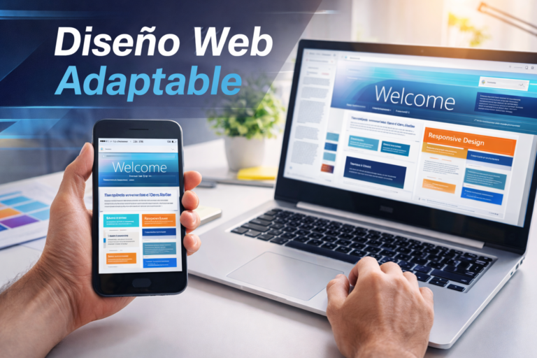 Ejemplo de diseño web responsive adaptable a todos los dispositivos mostrado en celular y laptop