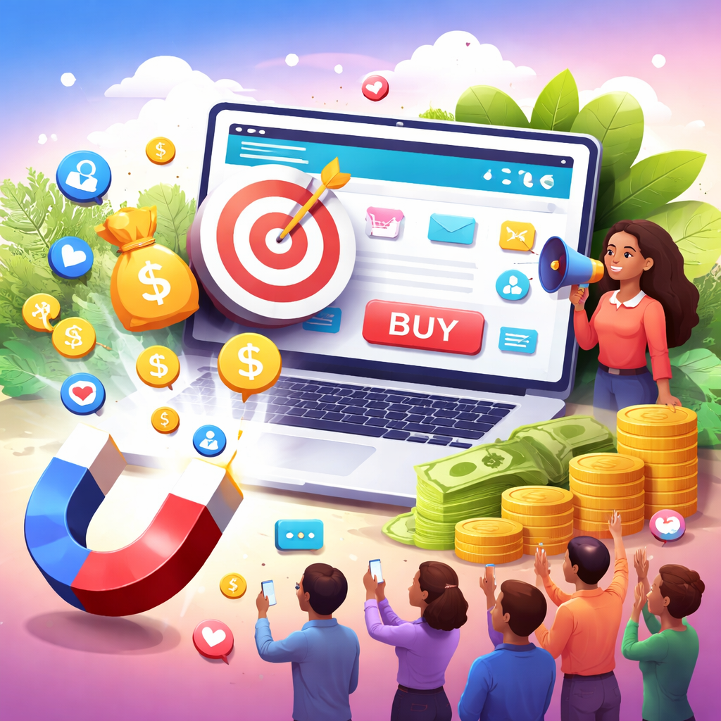 Ilustración de marketing digital mostrando cómo conseguir clientes por internet, atraer tráfico y aumentar ventas online