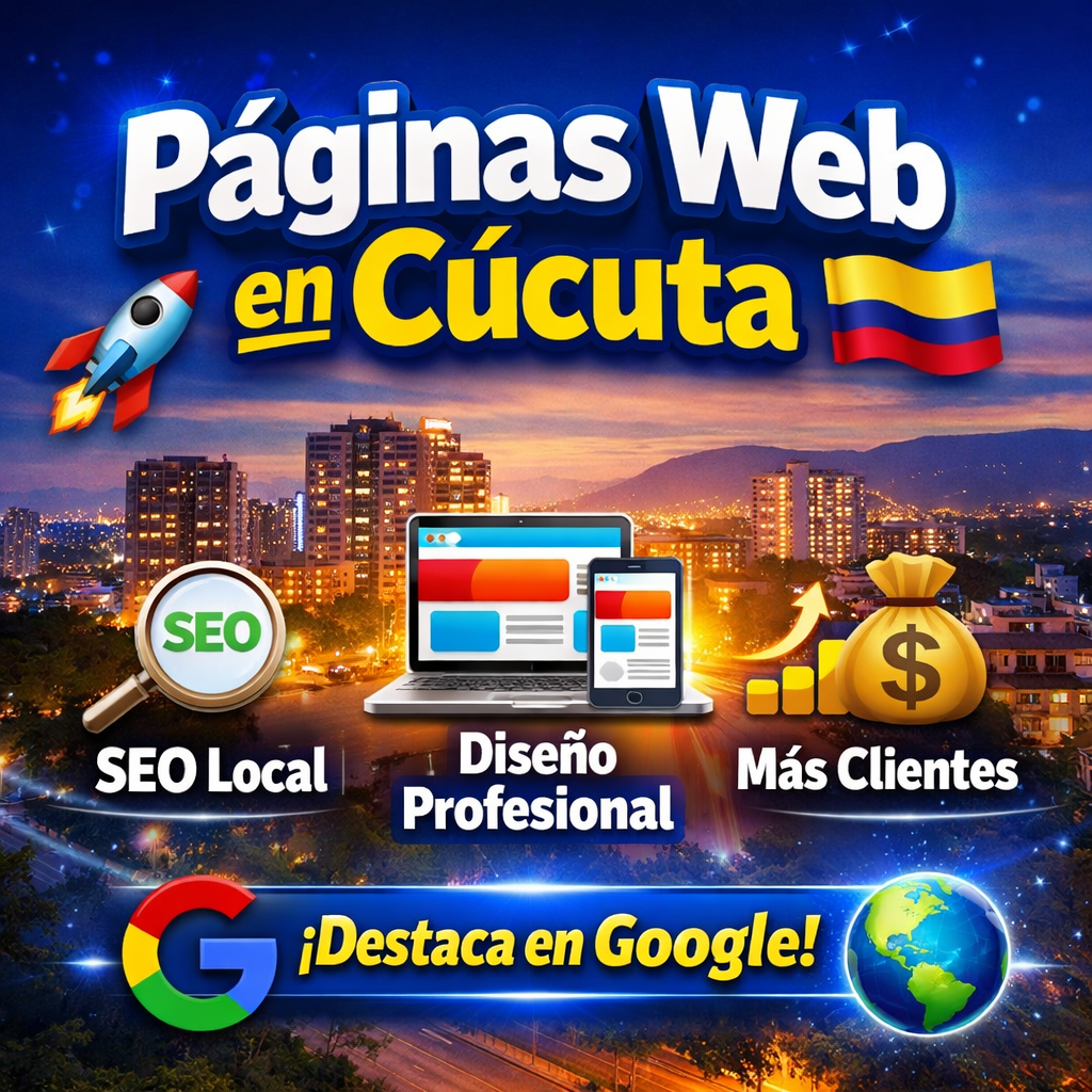 Imagen de diseño de páginas web en Cúcuta enfocadas en SEO y posicionamiento en Google, mostrando desarrollo web profesional, sitios rápidos y estrategias digitales para atraer clientes y aumentar ventas en negocios locales.