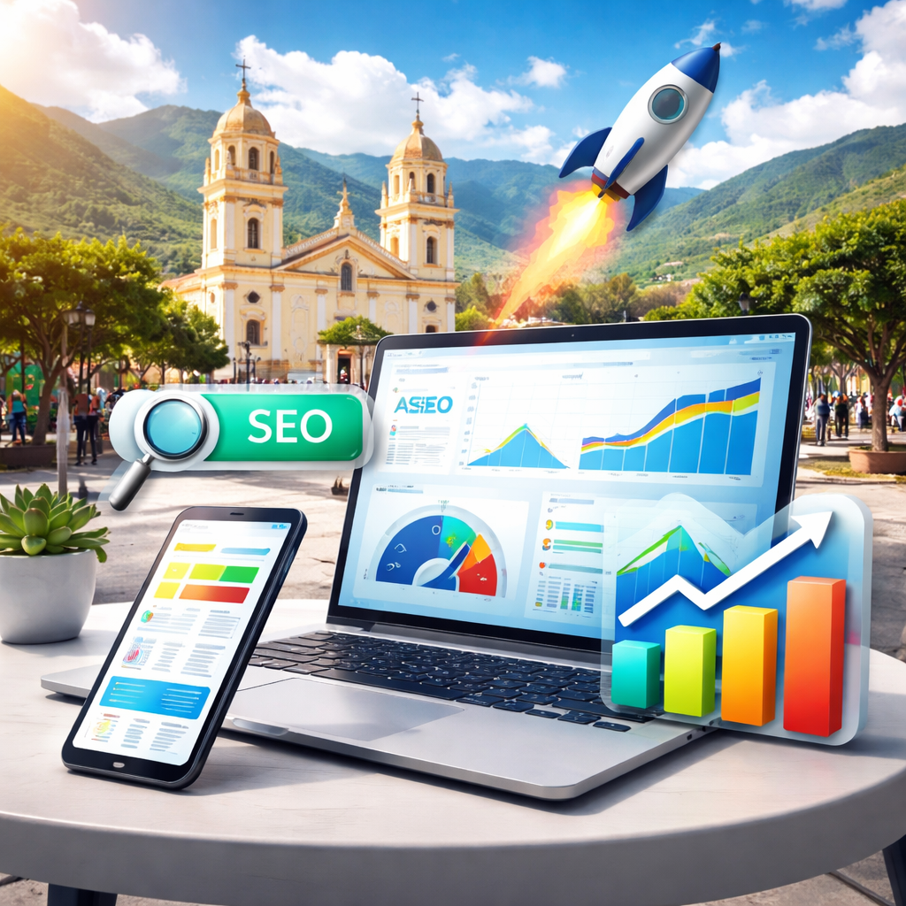 Diseño de páginas web en Pamplona con estrategia SEO, laptop mostrando analítica y crecimiento en Google, junto a un smartphone y gráficos de posicionamiento, con la iglesia principal y el paisaje urbano de Pamplona al fondo representando negocios locales.