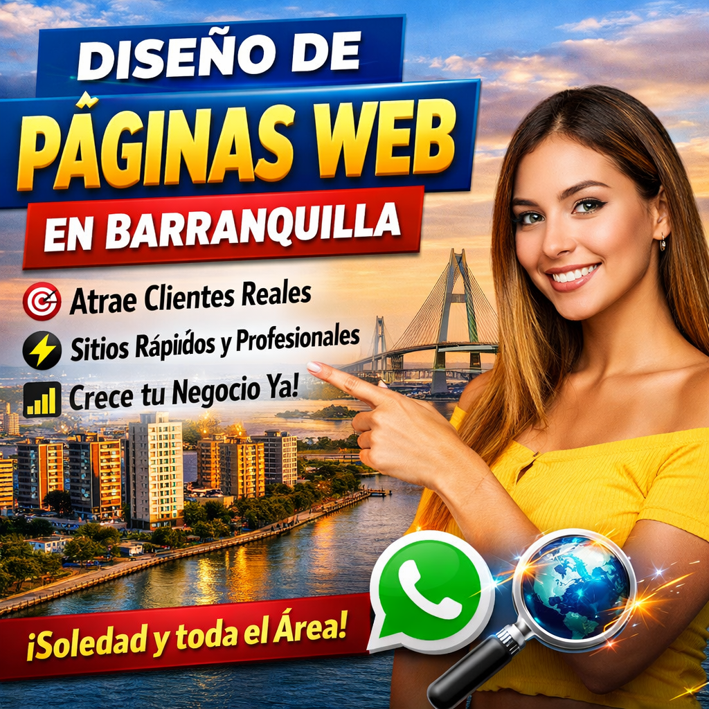 Imagen promocional de diseño de páginas web en Barranquilla con mujer señalando texto, ciudad de fondo y mensaje para atraer clientes