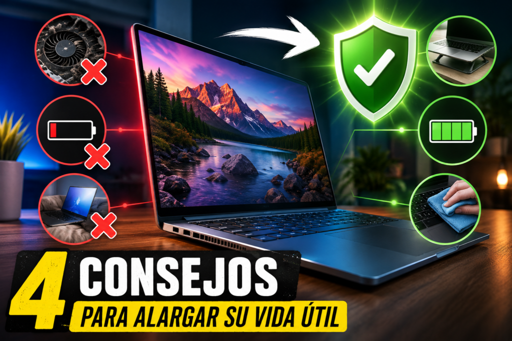 Guía visual con 4 consejos clave para alargar la vida útil de tu laptop: mantenimiento, batería, limpieza y uso correcto para evitar daños y mejorar su rendimiento