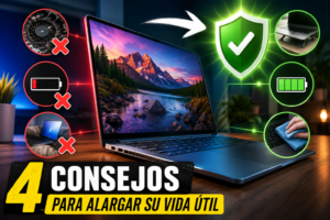 Guía visual con 4 consejos clave para alargar la vida útil de tu laptop: mantenimiento, batería, limpieza y uso correcto para evitar daños y mejorar su rendimiento