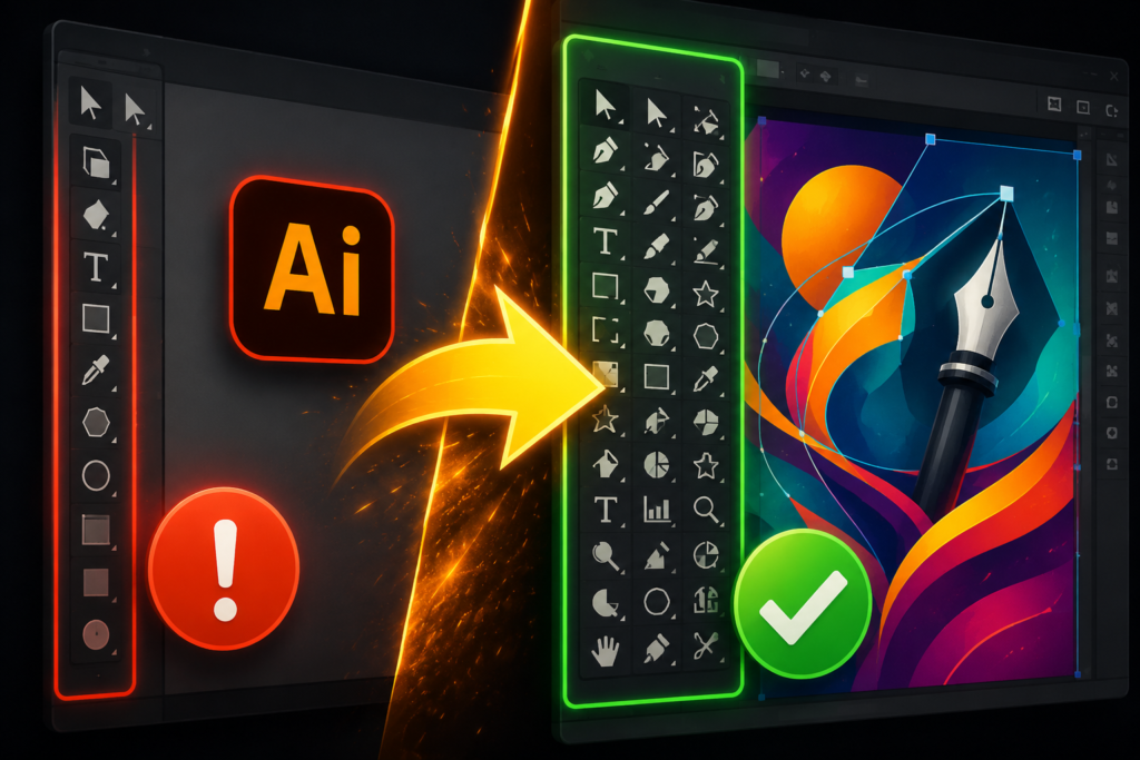 Guía visual de Adobe Illustrator mostrando cómo activar todas las herramientas avanzadas y solucionar el problema cuando no aparecen en la barra de herramientas del programa