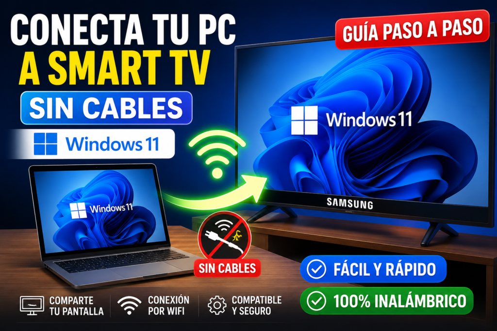 Cómo conectar PC a Smart TV sin cables en Windows 11, transmisión inalámbrica de pantalla desde computadora a televisor Samsung en sala moderna