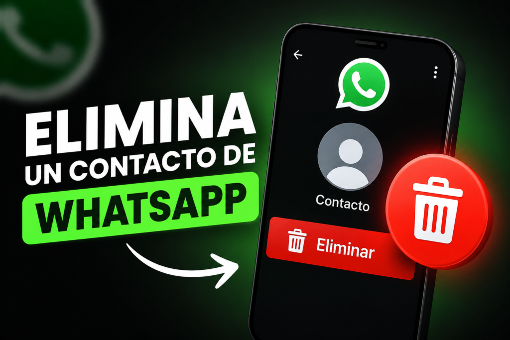 Imagen tipo miniatura para tutorial sobre cómo eliminar un contacto de WhatsApp. Se muestra un diseño llamativo con un teléfono móvil en pantalla de WhatsApp, un contacto y un botón de eliminar con icono de papelera. Fondo oscuro con colores verde y rojo que resaltan la acción de borrar un contacto en WhatsApp.