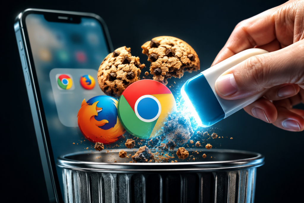 Ilustración de cómo borrar las cookies en Google Chrome, Mozilla Firefox y un celular para eliminar datos de navegación de forma segura.
