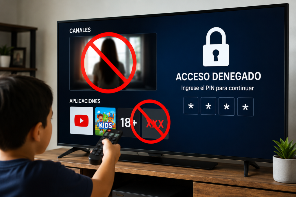 Niño intentando acceder a canales y aplicaciones bloqueadas en un Smart TV Samsung mediante control parental con PIN.