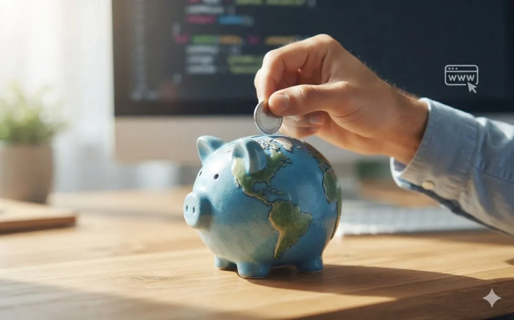 Mano introduciendo una moneda en una hucha con forma de globo terráqueo sobre un escritorio de trabajo, con una pantalla de ordenador que muestra código de programación difuminado al fondo.