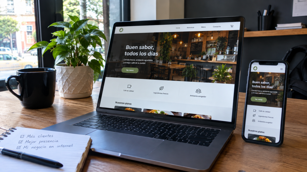 Landing page para negocios mostrada en un computador portátil y un teléfono móvil