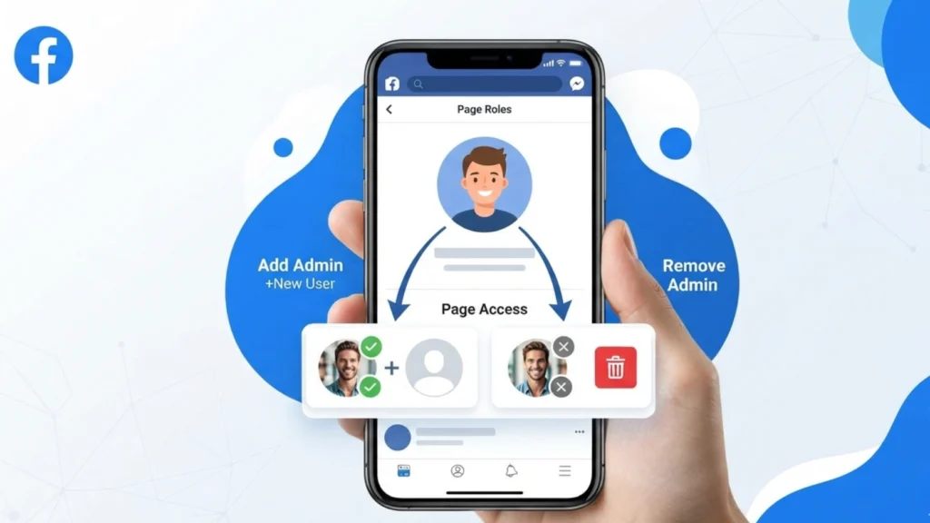 Mano sosteniendo un teléfono móvil que muestra la interfaz de roles de página de Facebook, ilustrando de forma visual cómo agregar y eliminar administradores con iconos de añadir usuario y papelera de reciclaje.