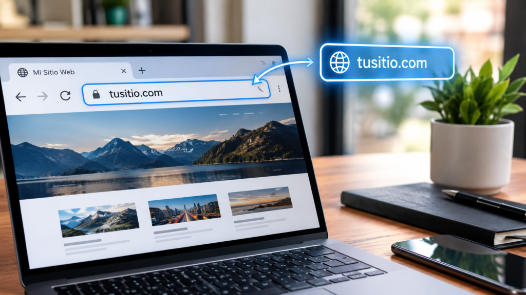 Laptop mostrando un sitio web y su dominio en la barra de direcciones del navegador