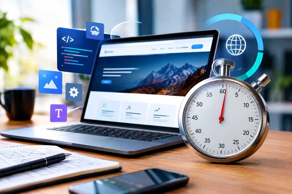 Laptop con diseño de una página web y cronómetro que representa el tiempo necesario para crear un sitio web