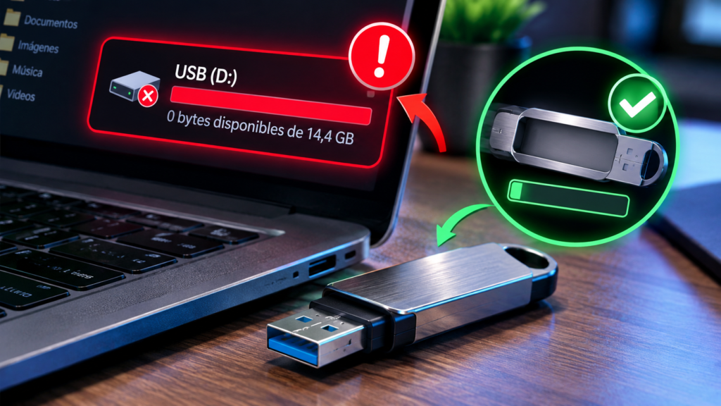 Memoria USB que muestra falta de espacio aunque aparentemente está vacía